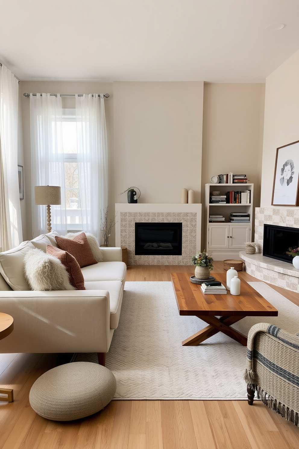 A cozy winter living room featuring a neutral color palette. Soft beige walls create a warm backdrop for a plush cream sofa adorned with textured throw pillows. A light gray area rug anchors the space, while a wooden coffee table adds a touch of rustic charm. Large windows allow natural light to flood in, complemented by sheer white curtains that gently sway in the breeze. Decorative elements include a minimalist bookshelf filled with books and a few carefully chosen art pieces. A modern fireplace serves as the focal point, enhancing the inviting atmosphere of the room.