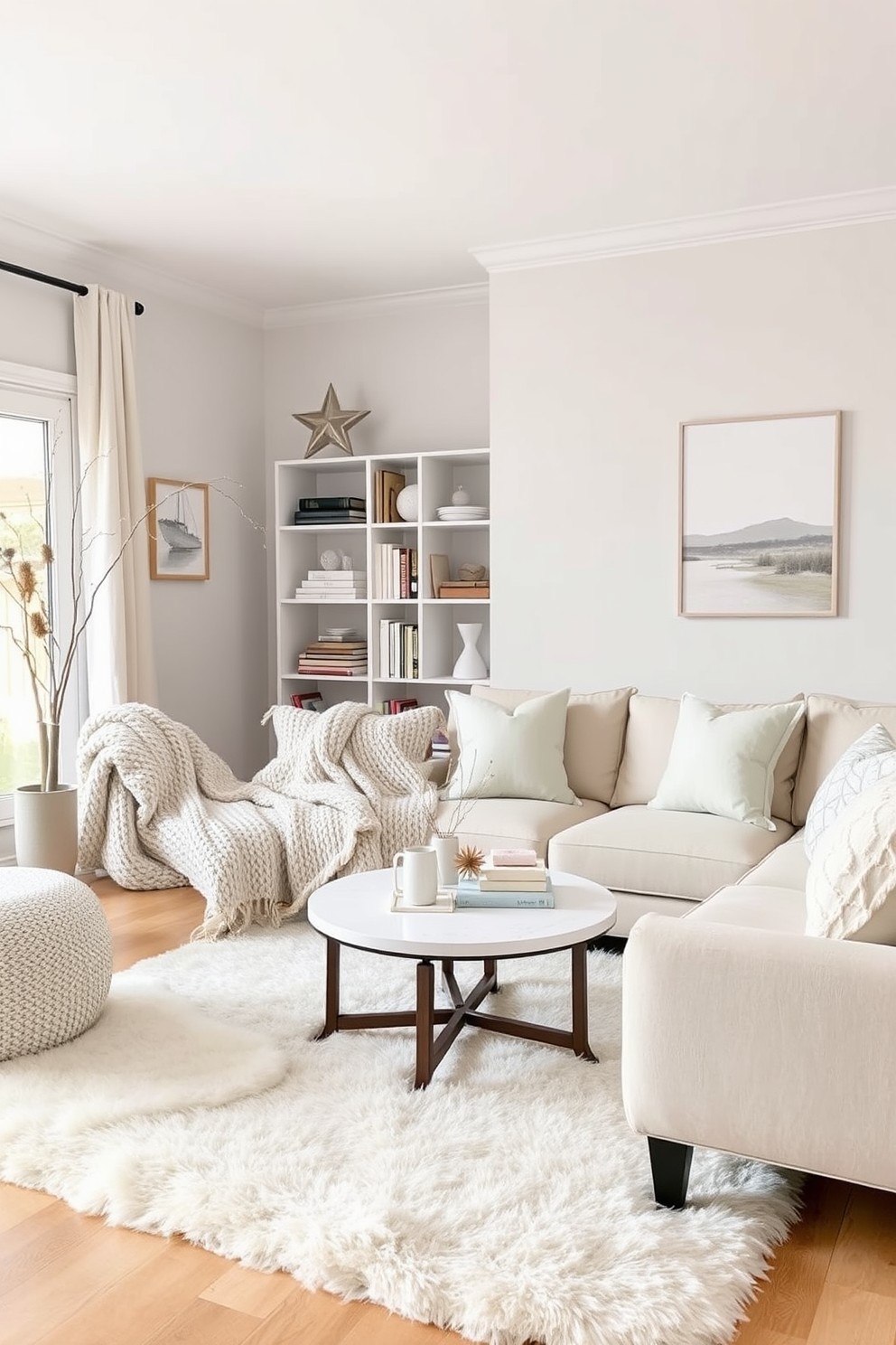 A cozy winter living room adorned with soft beige and pale blue accents. A plush sectional sofa is draped with a chunky knit throw, and a round coffee table sits atop a fluffy white area rug. The walls are painted in a light gray hue, enhancing the serene atmosphere. A tall bookshelf filled with warm-toned books and decorative objects adds character to the space.