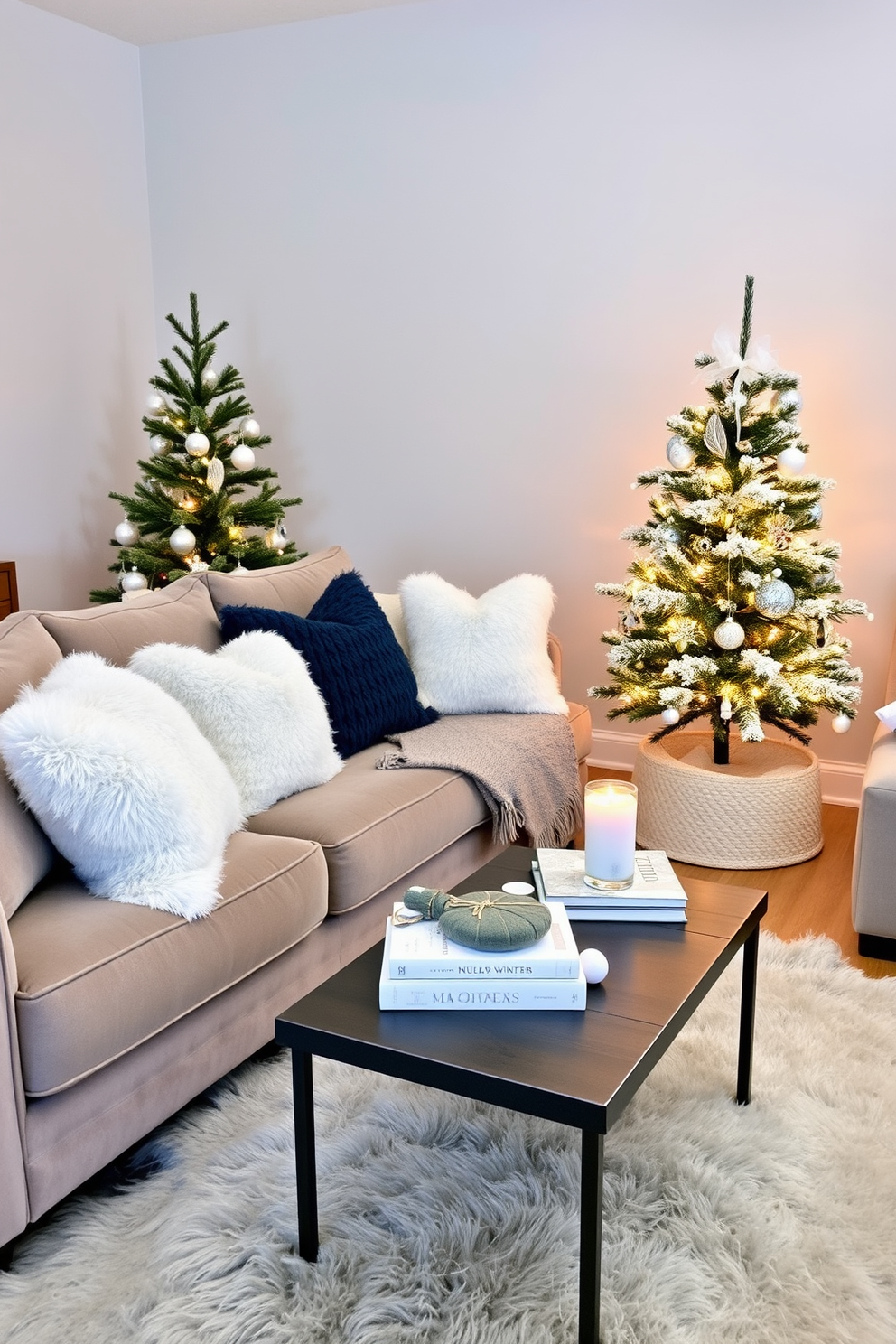 A cozy winter-themed living room featuring a plush sofa adorned with soft throw pillows in shades of icy blue and white. A small coffee table sits in front of the sofa, topped with a stack of seasonal books and a fragrant candle, creating a warm and inviting atmosphere. The walls are painted in a soft gray hue, enhancing the room's tranquility while a faux fur rug adds warmth underfoot. A beautifully decorated evergreen tree stands in the corner, completing the winter wonderland aesthetic.