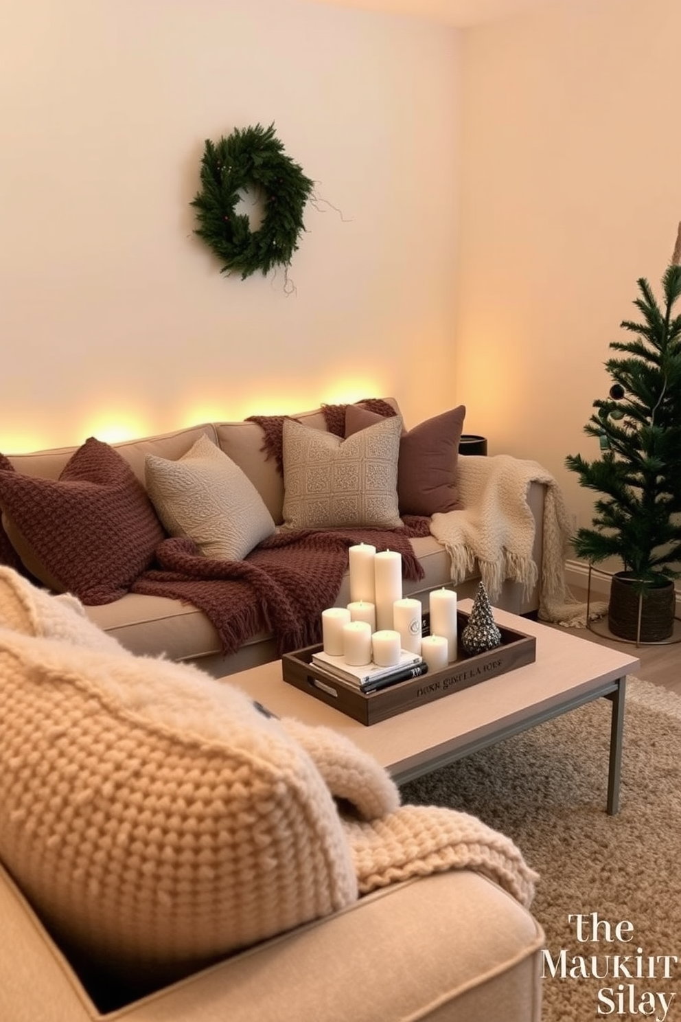 A cozy winter small living room features a warm color palette with soft lighting. Wicker baskets are strategically placed in the corner, providing stylish storage for extra blankets.