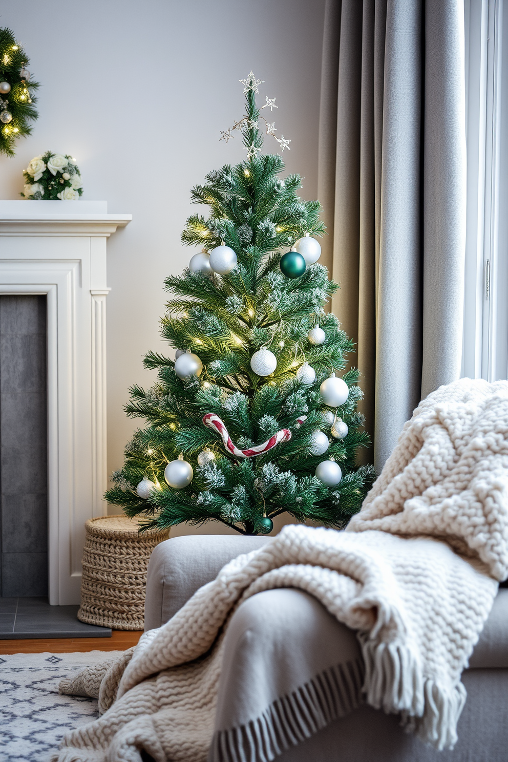 A cozy winter living room featuring a mini Christmas tree as the centerpiece. The tree is adorned with twinkling white lights and delicate ornaments, surrounded by a soft, textured throw blanket draped over a plush armchair.