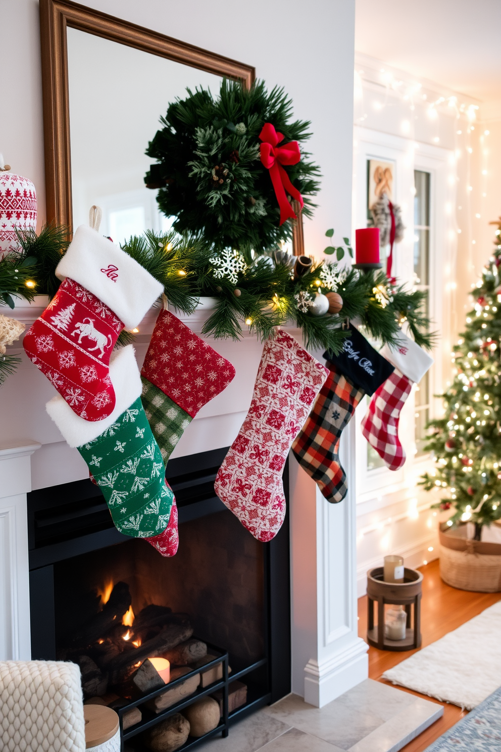 A cozy winter living room features a charming mantel adorned with festive stockings in various patterns and colors. The stockings are hung with care, complemented by a backdrop of soft fairy lights that create a warm and inviting atmosphere.