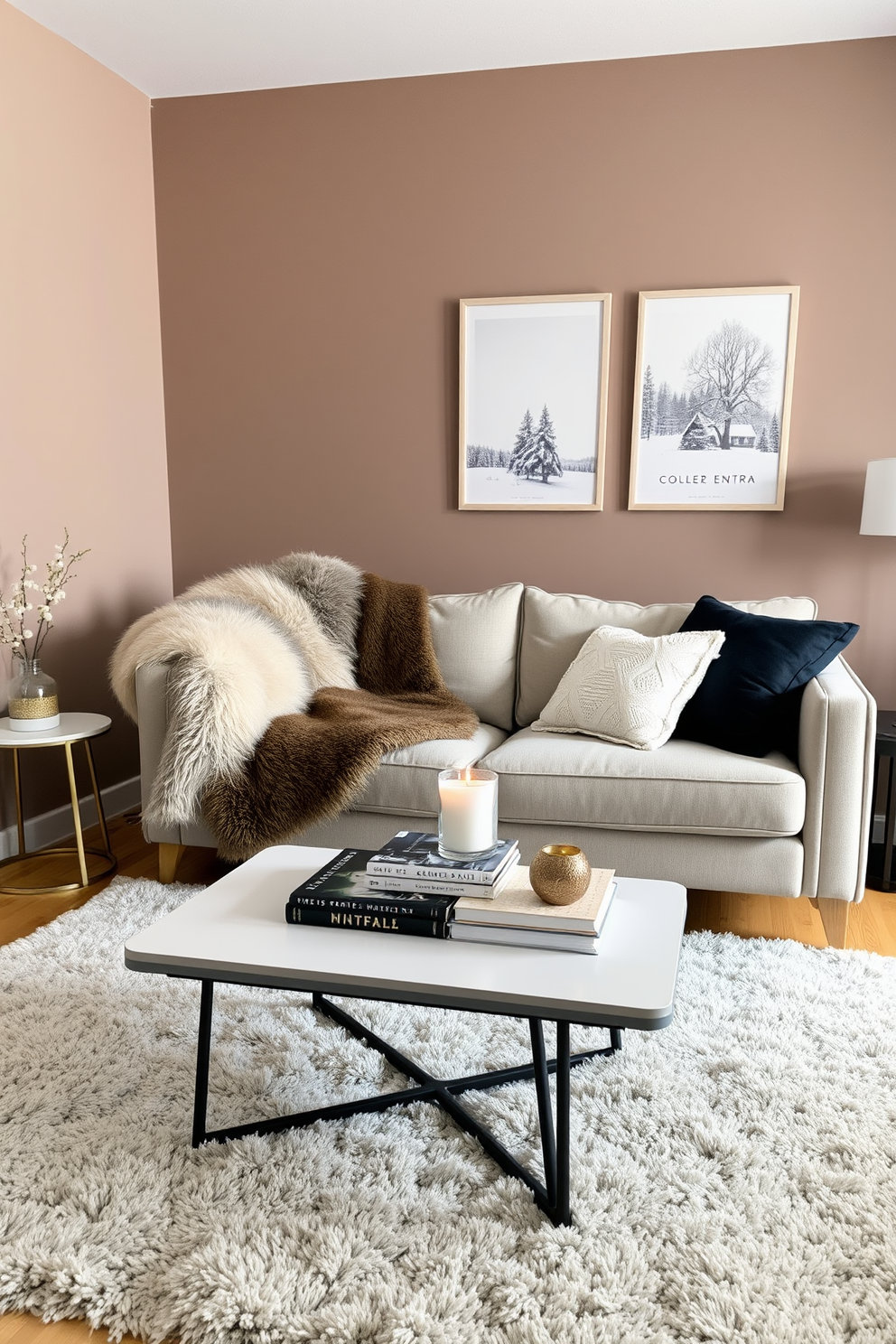 A cozy winter living room featuring a plush statement rug that adds warmth and comfort to the space. The room is adorned with soft blankets and decorative pillows, creating an inviting atmosphere for relaxation.