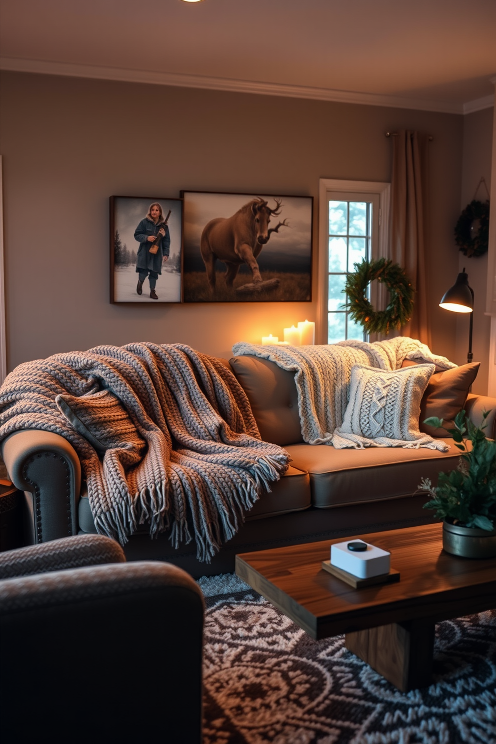 A cozy winter living room adorned with soft textures and warm colors. A large piece of abstract artwork hangs above the fireplace, serving as the room's focal point. Plush throw pillows in shades of cream and deep burgundy are scattered across a comfortable sectional sofa. A chunky knit blanket drapes over the arm of the sofa, inviting relaxation during the chilly season.