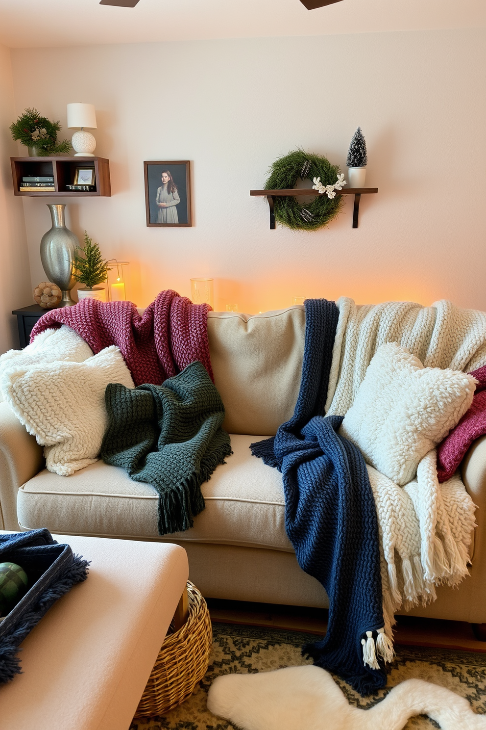 A cozy living room setting featuring a plush sofa adorned with soft throw blankets in various textures and colors. The space is decorated with warm lighting and seasonal accents, creating an inviting atmosphere perfect for winter. In a small space, the layout maximizes comfort while maintaining functionality. Decor elements like a compact coffee table and wall-mounted shelves enhance the cozy feel without overwhelming the area.