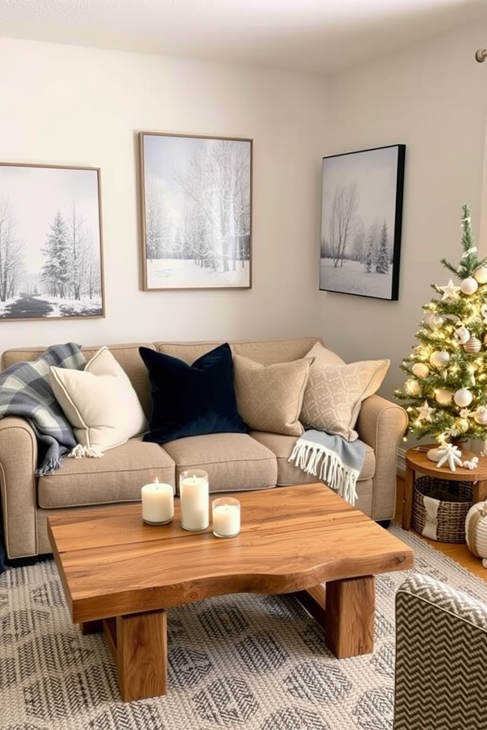 A cozy winter small space decorated with soft textures and warm colors. A plush throw blanket drapes over a stylish armchair, while a small wooden coffee table holds a cluster of scented candles that create a soothing ambiance. The walls are adorned with seasonal artwork featuring winter landscapes. A miniature evergreen tree sits in the corner, adding a touch of nature and holiday spirit to the compact room.