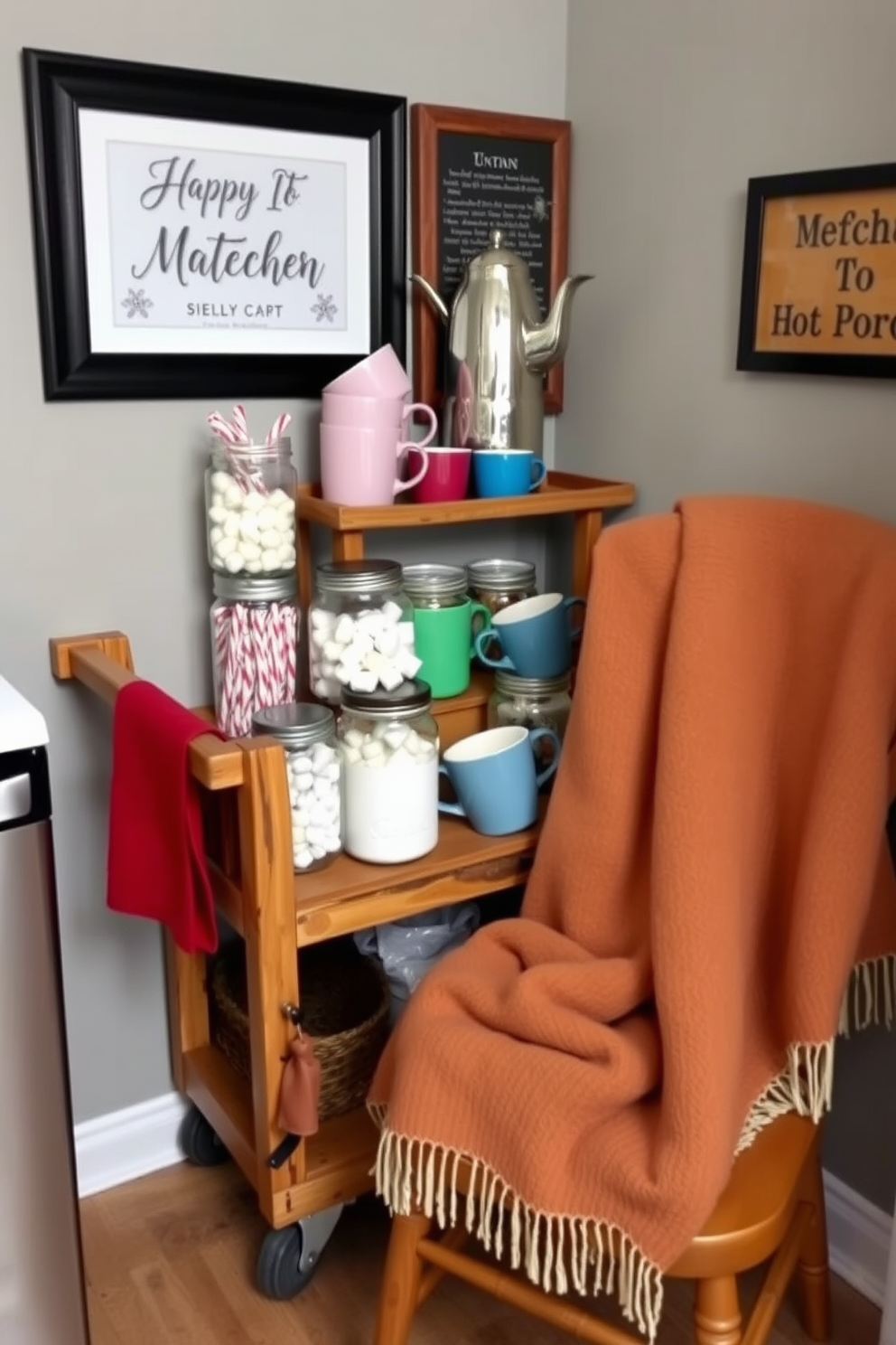 A cozy hot cocoa station is set up in a small kitchen corner. The station features a rustic wooden cart topped with a vintage kettle and a selection of mugs in various colors. Surrounding the cart are jars filled with marshmallows, peppermint sticks, and cocoa powder. A warm throw blanket is draped over a nearby chair, inviting guests to enjoy a comforting cup of cocoa.