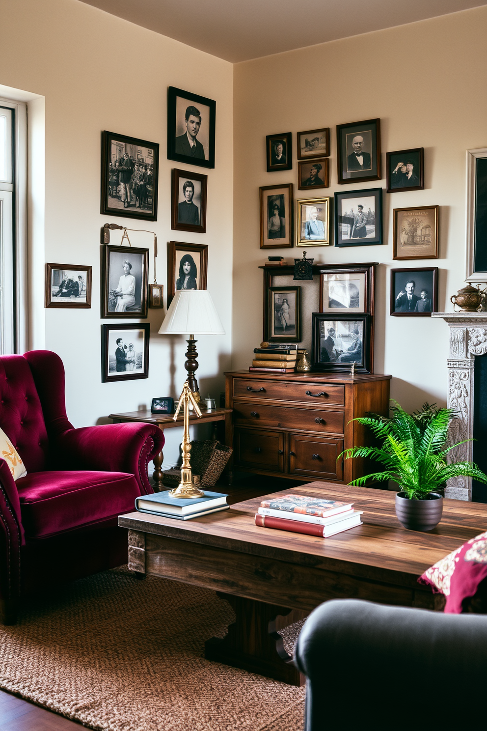 A cozy living room filled with vintage decor that exudes charm. The space features a plush velvet armchair in deep burgundy, paired with a reclaimed wood coffee table adorned with antique books and a small brass lamp. The walls are painted in a soft cream color, accented by a gallery of vintage framed photographs. A woven area rug lies beneath the coffee table, while a small potted fern adds a touch of greenery to the corner.