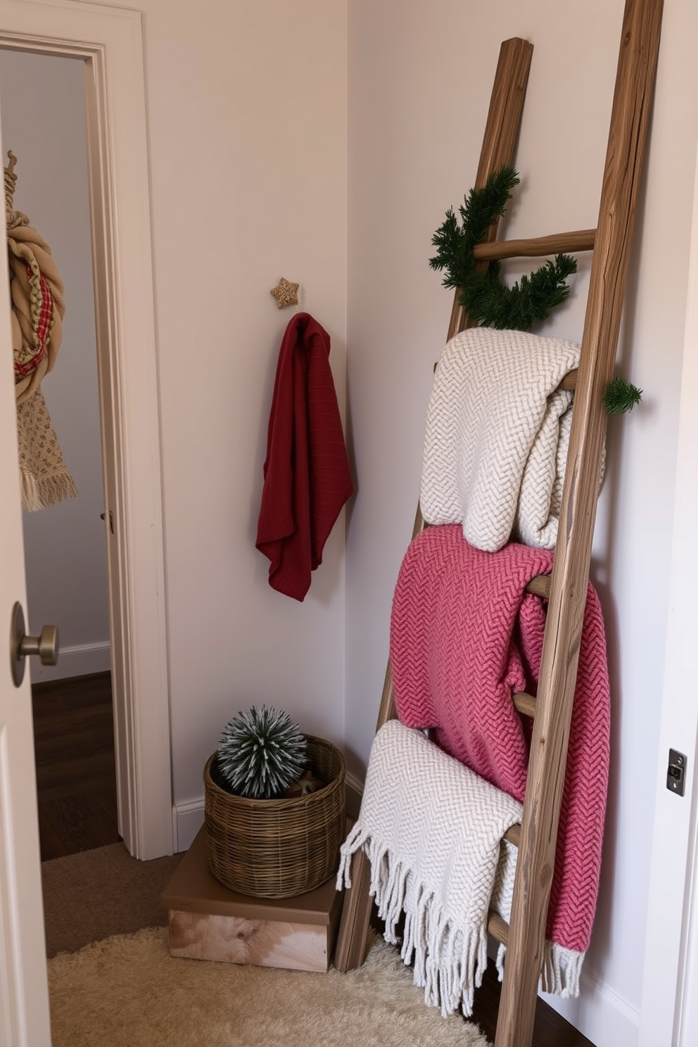 A cozy winter-themed small space decorated with a decorative ladder leaning against the wall. The ladder is adorned with soft, textured blankets in warm hues, creating a welcoming atmosphere.