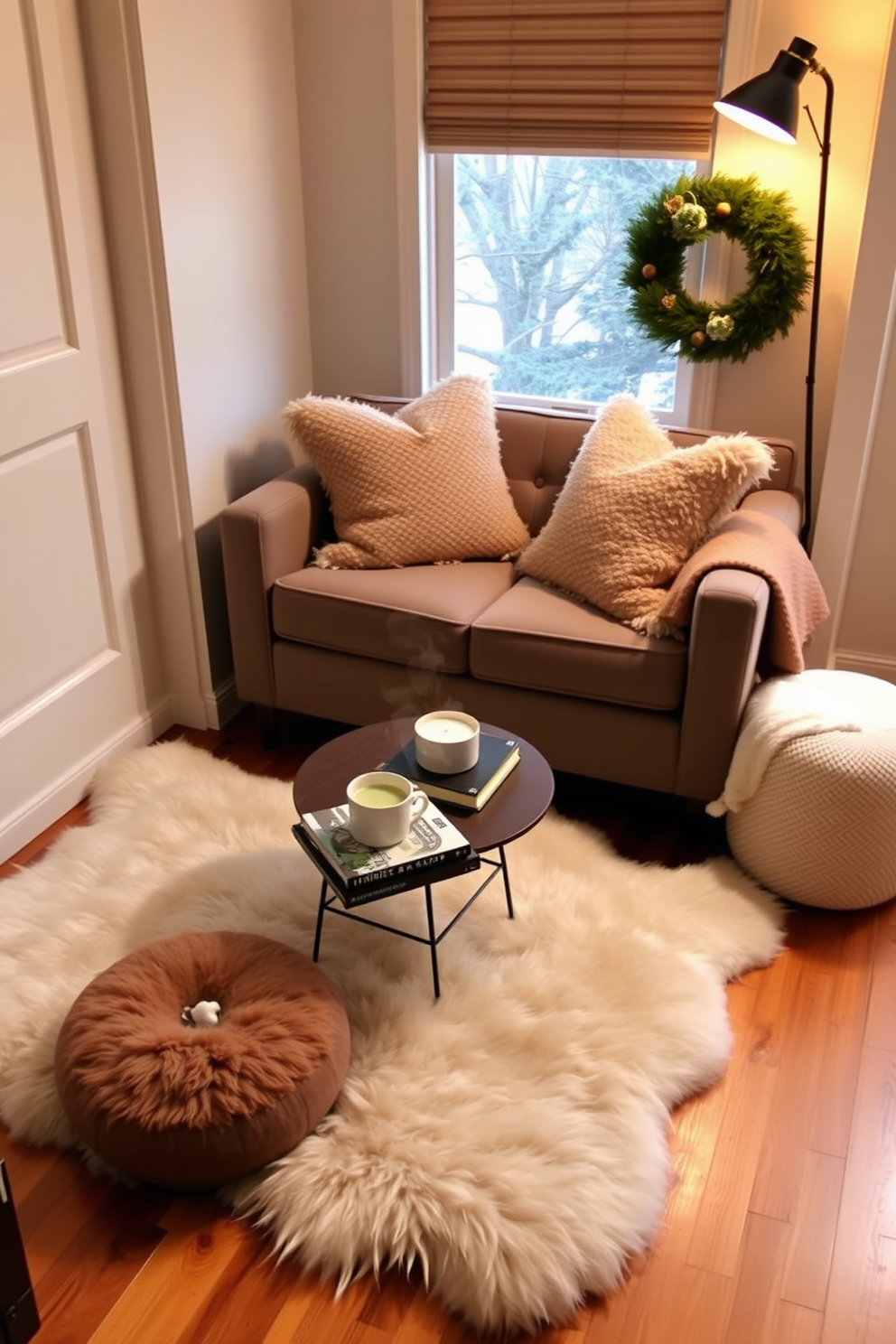 A cozy winter small space living area with a plush faux fur rug adding softness to the hardwood floor. The space features a compact sofa adorned with warm, textured throw pillows and a small coffee table topped with a steaming mug and a stack of books.