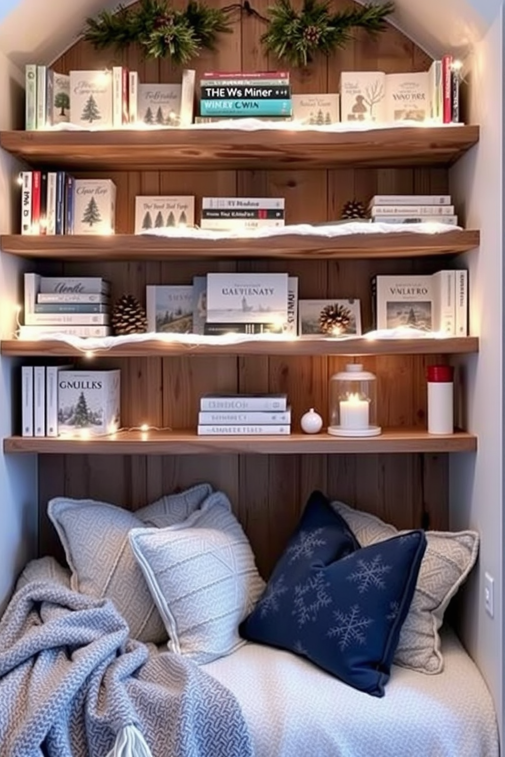 A cozy reading nook featuring winter-themed books displayed on rustic wooden shelves. The shelves are adorned with fairy lights and pinecones, creating a warm and inviting atmosphere. A stylish small space decorated for winter with a minimalist approach. Soft throw blankets and decorative pillows in icy blue and white hues enhance the comfort of the space while maintaining an elegant look.