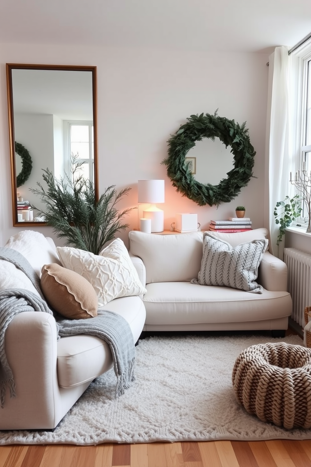 Create a cozy winter-themed small living room that maximizes space and light. Use large mirrors on opposite walls to reflect natural light and create an illusion of depth. Incorporate a soft color palette with whites, grays, and muted blues to evoke a serene winter atmosphere. Add layered textures through plush throws, knitted pillows, and a warm area rug for comfort and warmth.