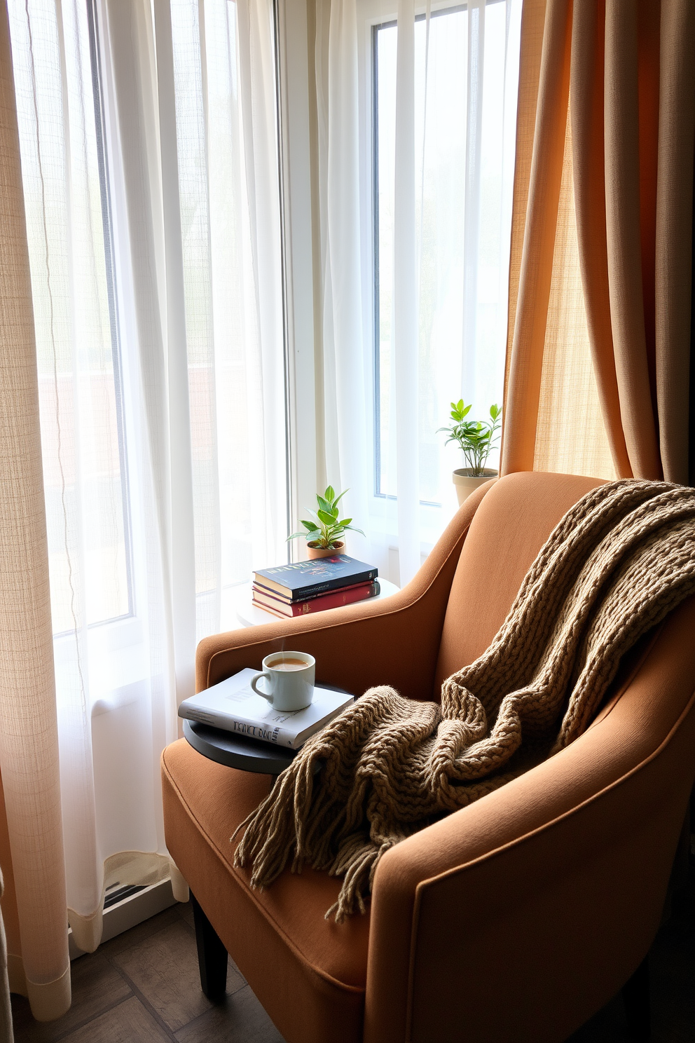 Create a cozy reading nook by the window with a plush armchair upholstered in soft, warm fabric. A small side table holds a steaming cup of tea and a stack of well-loved books, while a knitted throw is draped over the armchair for added comfort. The window is adorned with sheer curtains that allow soft natural light to filter in, creating an inviting atmosphere. A small potted plant sits on the windowsill, adding a touch of greenery to the space.