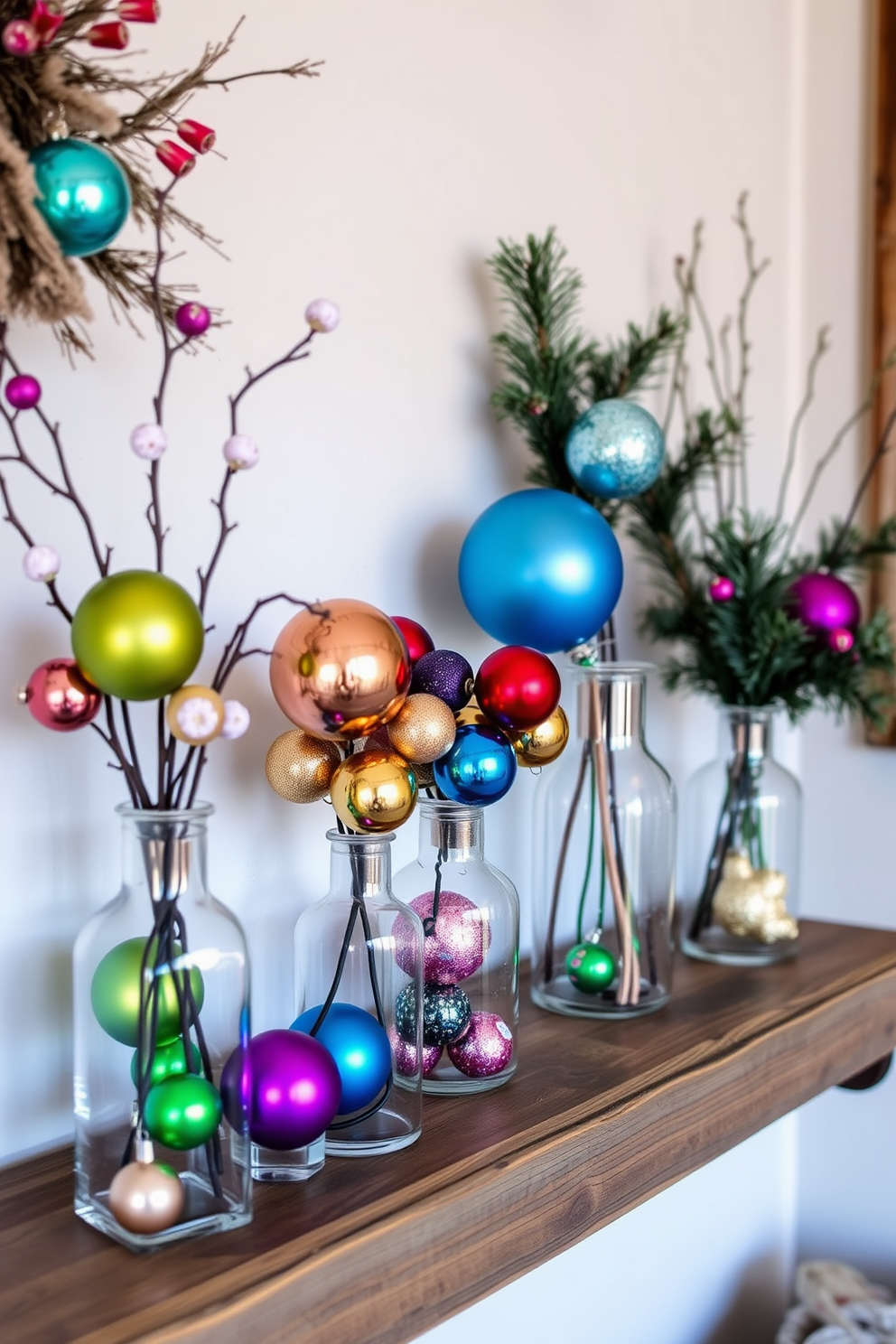 A cozy winter small space decorated with colorful ornaments in clear vases. The vases are placed on a rustic wooden shelf, adding a vibrant touch to the neutral-toned walls.