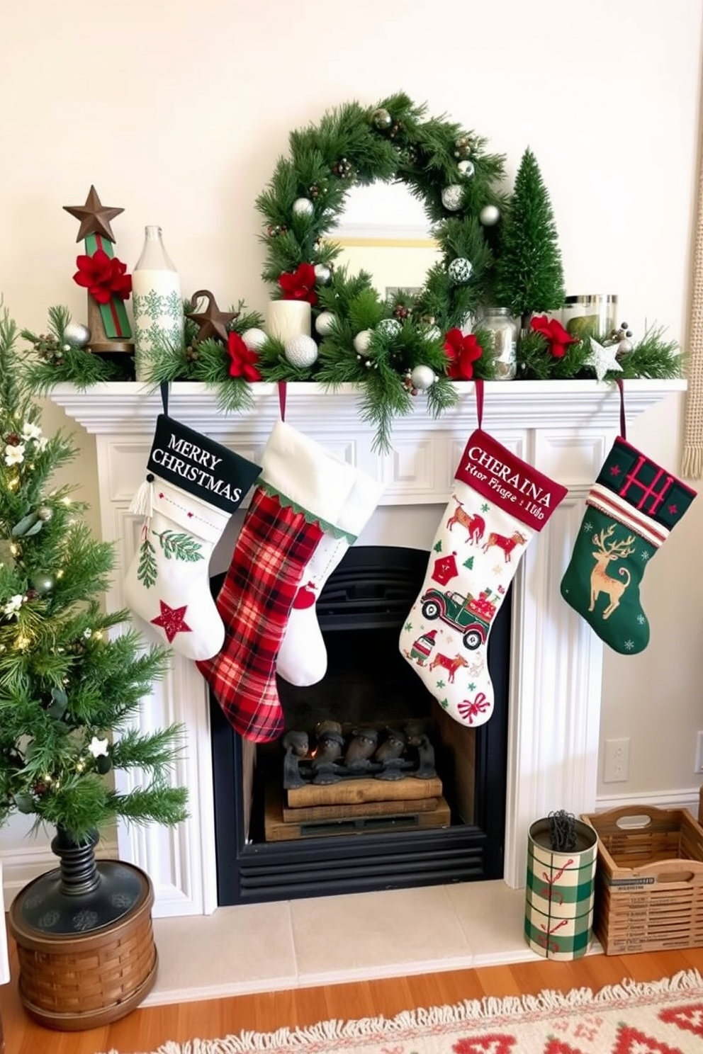 Create a cozy winter small space decorated for the holidays. Stockings are hung by the fireplace, each uniquely designed with festive patterns and colors, adding warmth and charm to the room.