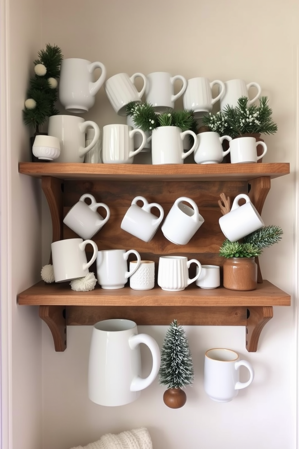 Create a cozy winter-themed small space decorated with oversized mugs displayed on open shelves. The shelves are made of reclaimed wood and are adorned with a mix of white and patterned mugs, creating a warm and inviting atmosphere.