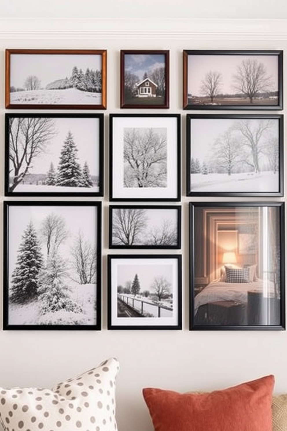 Create a gallery wall featuring a collection of winter photos that evoke a cozy and serene atmosphere. The wall should be adorned with a mix of framed images showcasing snowy landscapes, frosty trees, and warm indoor scenes. Incorporate small space decorating ideas that maximize functionality while maintaining a stylish aesthetic. Use a combination of floating shelves, compact furniture, and decorative accents to create an inviting and organized environment.