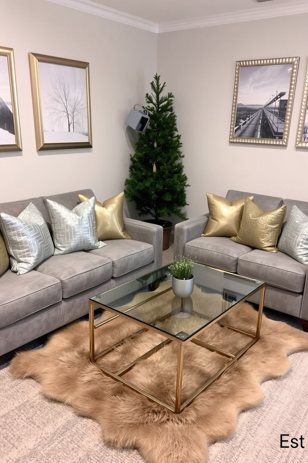 A cozy winter-themed living room designed for a small space. The room features a plush gray sofa adorned with metallic silver and gold throw pillows, complemented by a sleek glass coffee table. A stylish faux fur rug lies under the coffee table, adding warmth to the space. On the walls, framed artwork with metallic frames creates a chic focal point, while a small potted evergreen tree adds a touch of seasonal greenery.