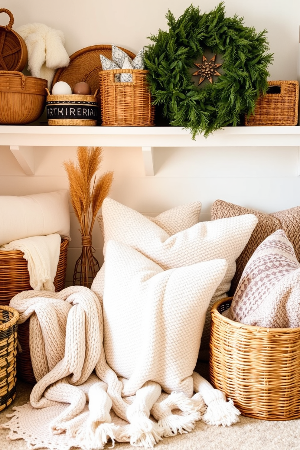 A cozy winter small space is adorned with decorative baskets that provide stylish storage solutions. The warm tones of the baskets complement the soft textures of the blankets and pillows scattered throughout the room.