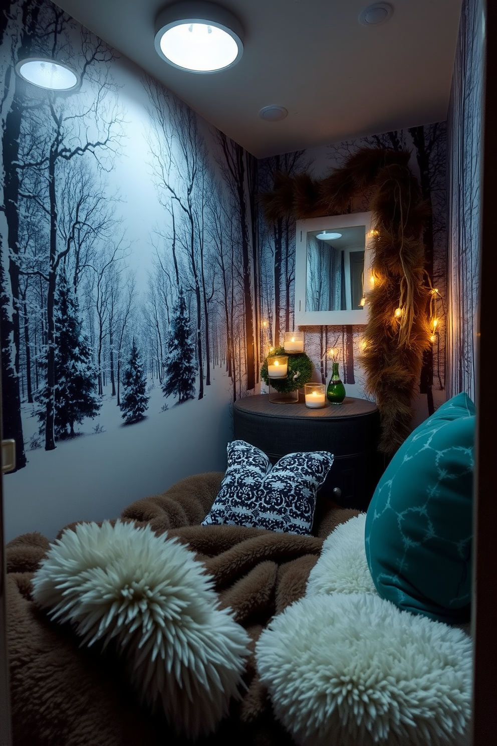 A cozy winter-themed small space decorated with removable wallpaper featuring a snowy forest design. The room is accented with soft, warm lighting and plush textiles to create an inviting atmosphere.