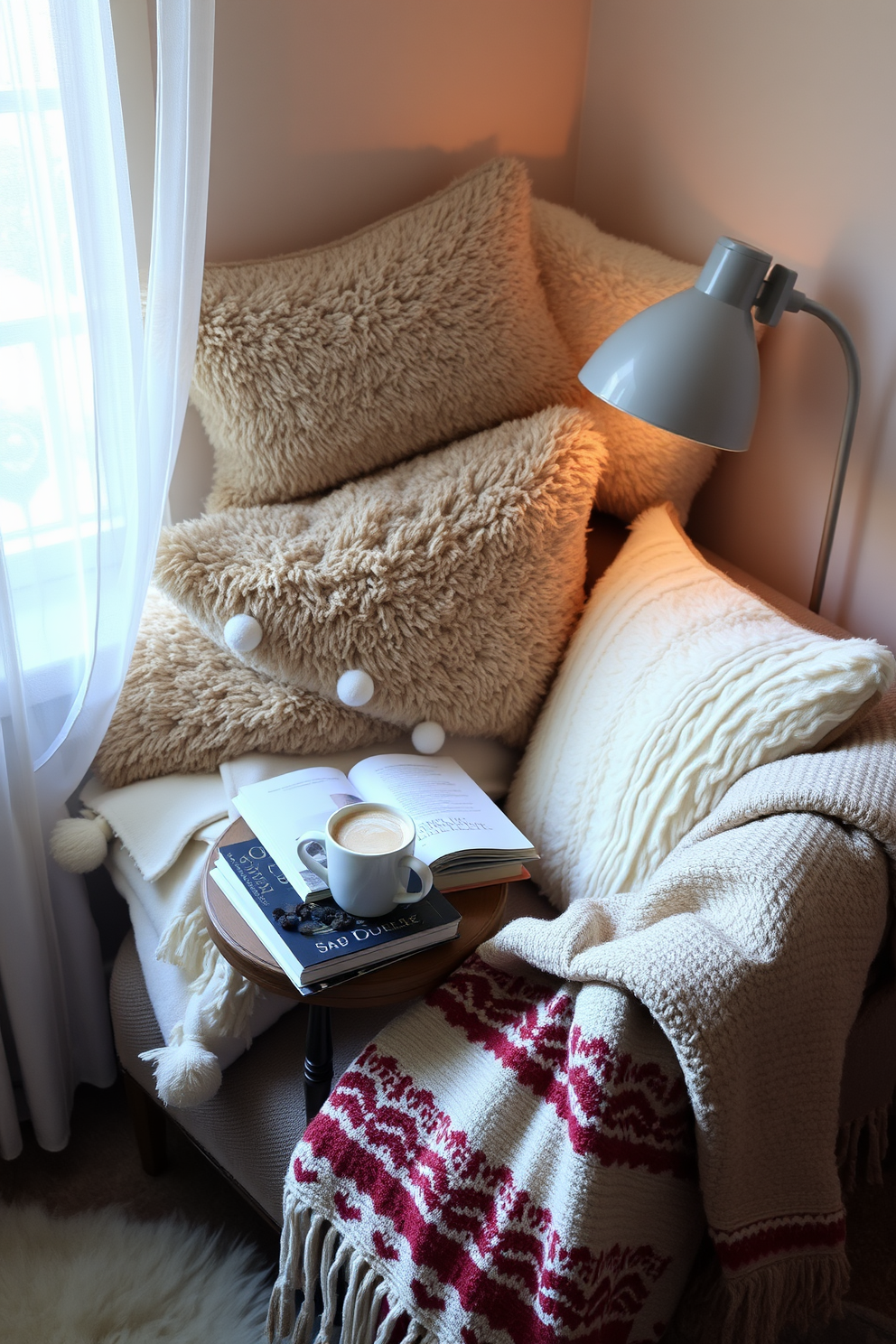 A cozy corner is created using an assortment of plush cushions in various textures and patterns. A small side table holds a steaming cup of cocoa and a stack of favorite books, inviting relaxation and comfort. Soft, ambient lighting from a nearby lamp casts a warm glow over the space. A decorative throw blanket drapes over the arm of a chair, adding an extra layer of warmth to the inviting nook.