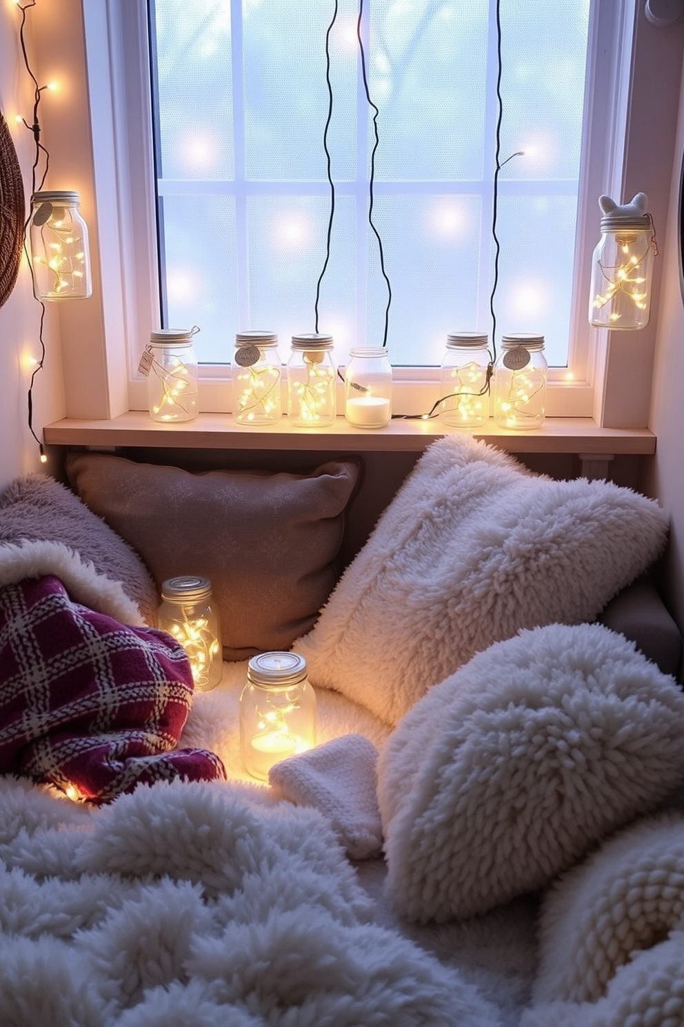 A cozy winter small space decorated with soft lighting and fairy lights. The walls are adorned with warm, neutral tones, and a plush throw blanket is draped over a stylish armchair. A small wooden table is set with a festive centerpiece, featuring pinecones and candles. The window is framed with sheer curtains, allowing soft light to filter in and create a warm ambiance.