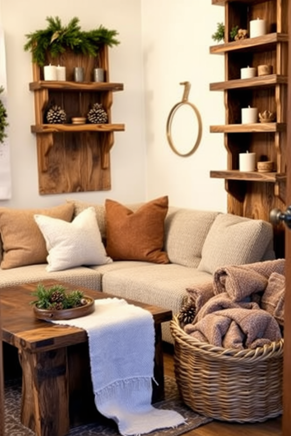 A cozy winter-themed living room in a small space. The seating area features a plush gray sofa adorned with soft throw pillows in shades of blue and white, complemented by a warm knitted blanket draped over one arm. Next to the sofa, a small wooden side table holds a steaming cup of hot cocoa and a flickering candle, creating an inviting atmosphere. The walls are painted in a soft cream color, and a small potted evergreen adds a touch of greenery to the space.