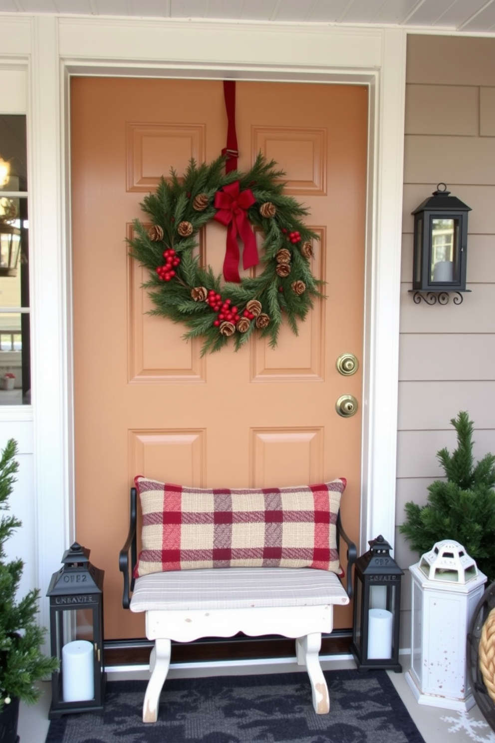 A charming front door adorned with a seasonal wreath featuring pinecones and red berries. The surrounding area showcases a cozy winter theme with small space decorating ideas that include a compact bench and decorative lanterns.