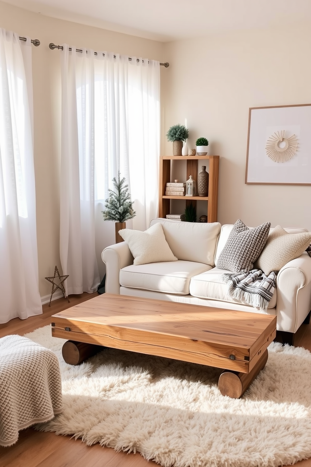 A cozy winter-themed small living space is designed with soft beige walls and a plush cream sofa adorned with textured throw pillows. A rustic wooden coffee table sits in front of the sofa, surrounded by a fluffy area rug that adds warmth to the room. In one corner, a small bookshelf showcases winter-themed decor and a few potted evergreen plants for a touch of greenery. Natural light filters through sheer white curtains, creating a serene atmosphere perfect for relaxation during the colder months.