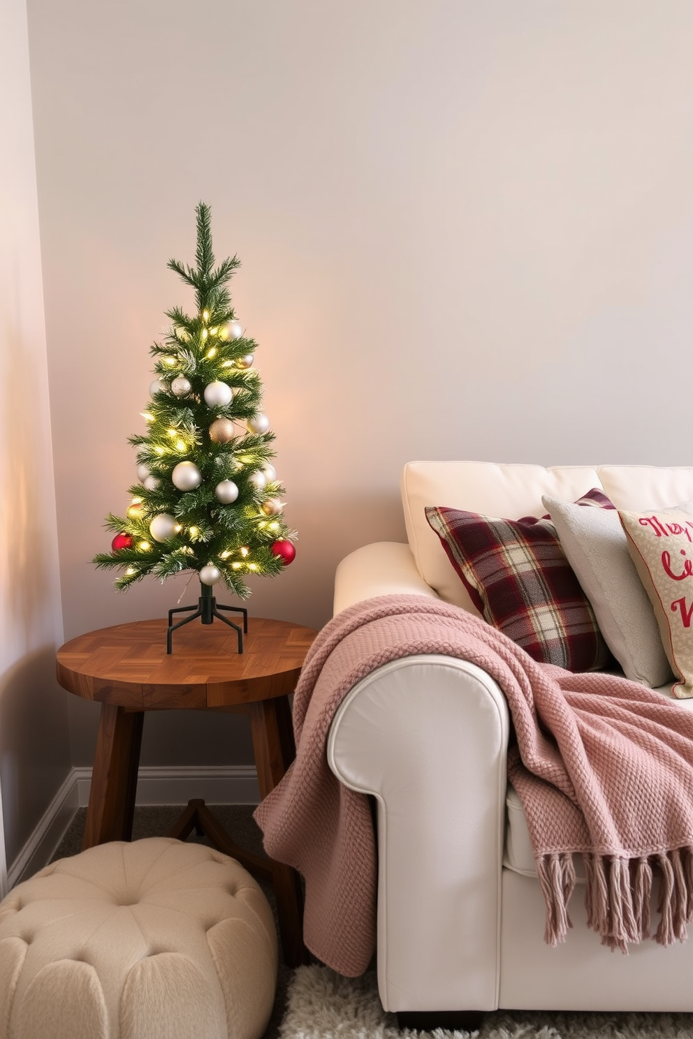 A cozy winter-themed living room designed for small spaces. A small tabletop Christmas tree adorned with delicate white lights and silver ornaments sits on a rustic wooden side table next to a plush cream-colored sofa. The walls are painted in a soft gray hue, creating a calm atmosphere. A warm throw blanket drapes over the arm of the sofa, and a few decorative pillows in festive patterns add a touch of holiday cheer.