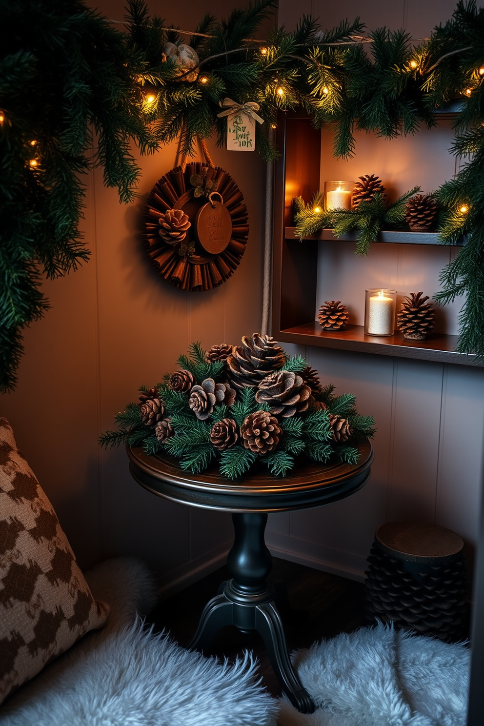 A cozy winter small space decorated with pinecones and lush greenery. The room features a small table adorned with a centerpiece of pinecones surrounded by fresh evergreen branches. Soft, warm lighting creates an inviting atmosphere, highlighting the natural textures of the decor. A few pinecone accents are scattered on the shelves, complementing the greenery throughout the space.