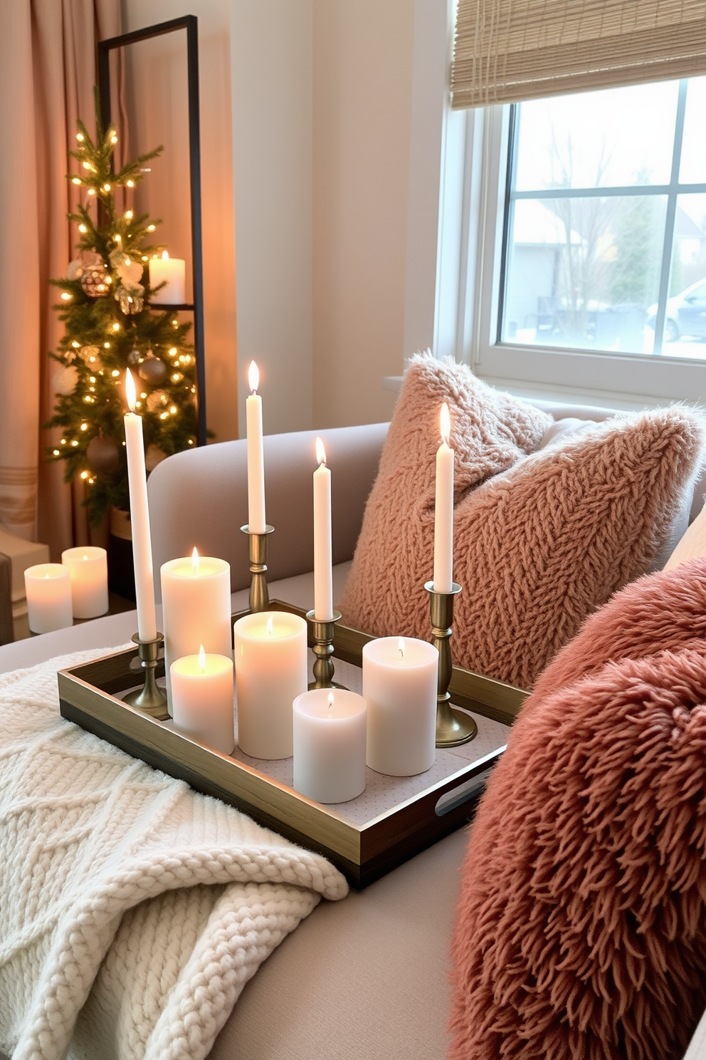 Create a cozy reading nook in a small space featuring plush cushions in soft winter colors. The nook is adorned with a stylish floor lamp, a small bookshelf, and a warm throw blanket draped over the cushions.