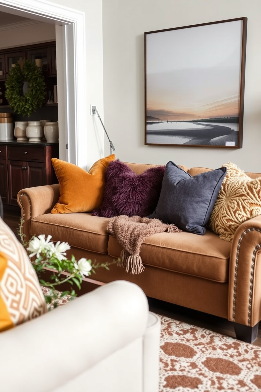 Create a cozy winter living space featuring a small sofa adorned with warm throw pillows in rich fabrics. The pillows should showcase a variety of textures and colors, enhancing the inviting atmosphere of the room.