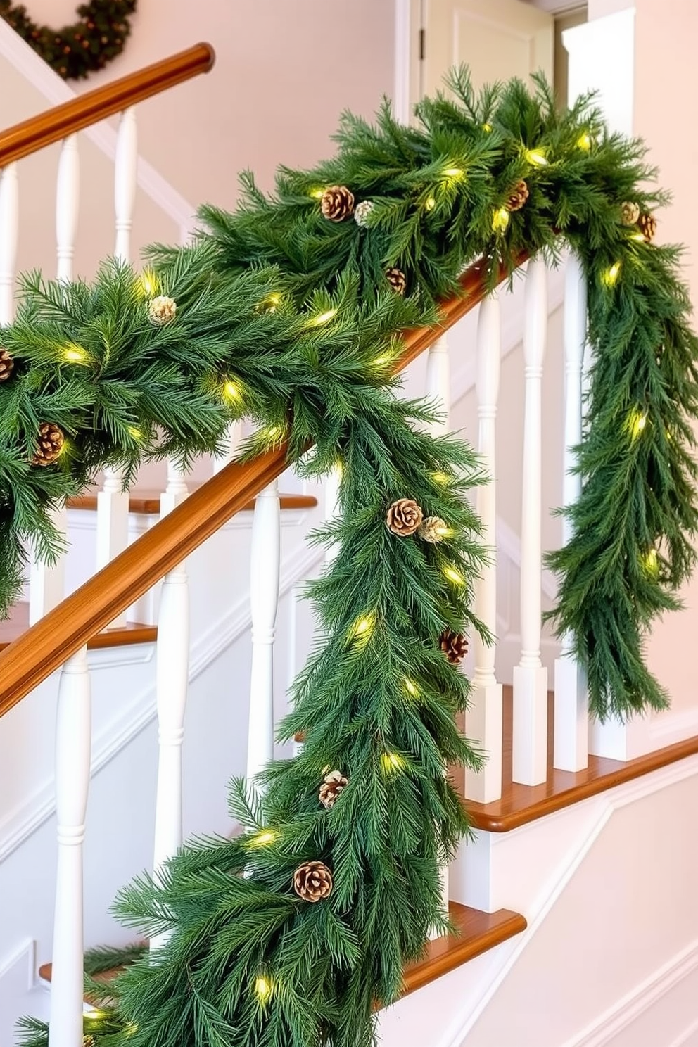 A beautiful winter staircase adorned with a lush greenery garland drapes elegantly over the railing. The garland is interspersed with pinecones and twinkling fairy lights, creating a warm and inviting atmosphere.