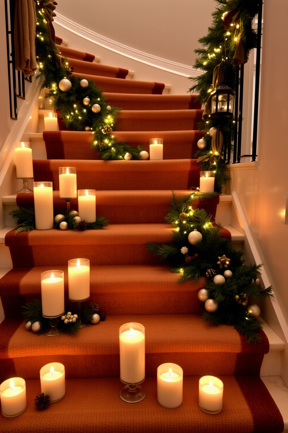 Elegant candle arrangements on steps create a warm and inviting atmosphere. Softly glowing candles of varying heights are artfully placed along the staircase, surrounded by seasonal greenery and delicate ornaments. Twinkling fairy lights interwoven with garlands enhance the festive feel. The staircase is adorned with rich fabrics and textures, adding depth and sophistication to the winter decor.