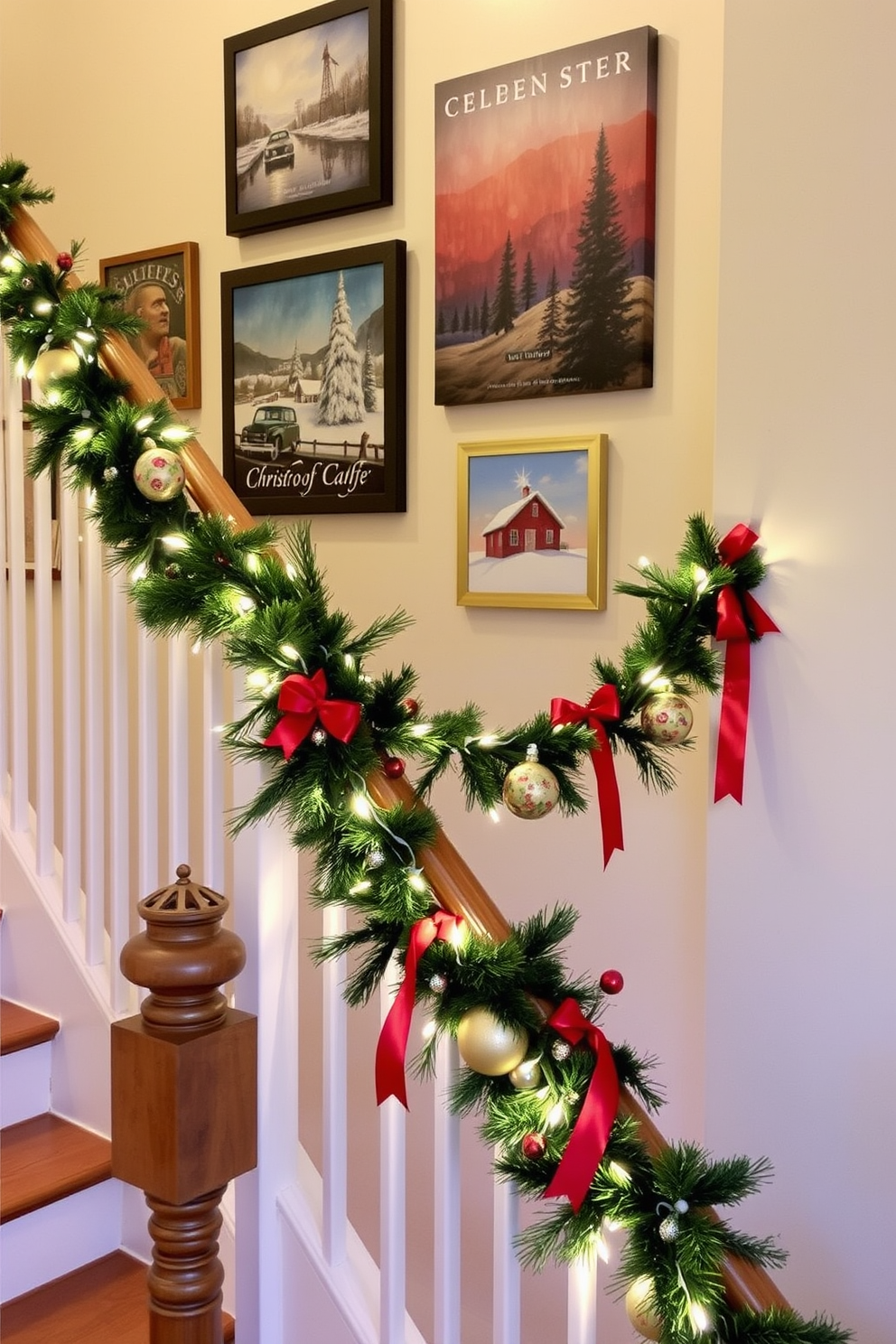 Create a cozy holiday atmosphere on the staircase wall by incorporating festive artwork that showcases winter scenes and holiday motifs. Use a mix of framed prints and canvas pieces in warm colors to complement the staircase's natural wood tones. Adorn the staircase railing with garlands of greenery intertwined with twinkling fairy lights. Add decorative ornaments and ribbons that reflect the holiday spirit, creating a welcoming display for guests.