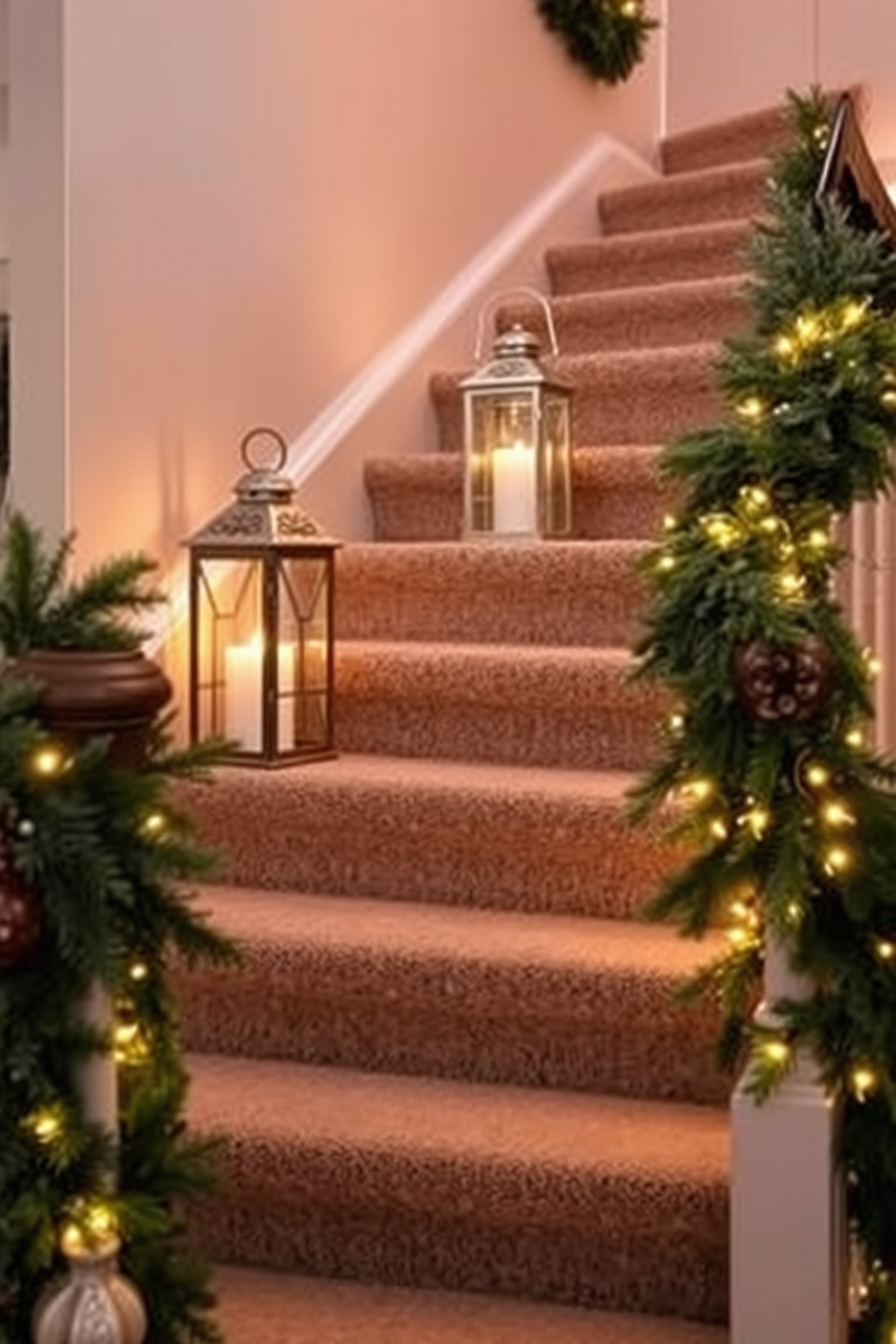 Create a cozy winter staircase adorned with decorative lanterns that cast a warm glow. The staircase is lined with lush greenery and twinkling fairy lights, enhancing the festive atmosphere.