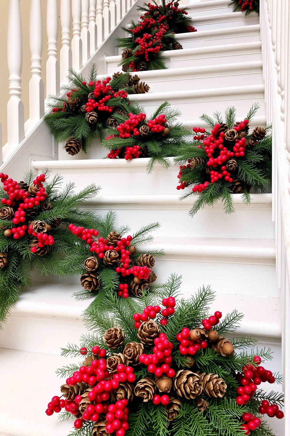 A winter staircase adorned with pinecone and berry arrangements creates a warm and inviting atmosphere. The steps are lined with clusters of pinecones and vibrant red berries, enhancing the seasonal charm.