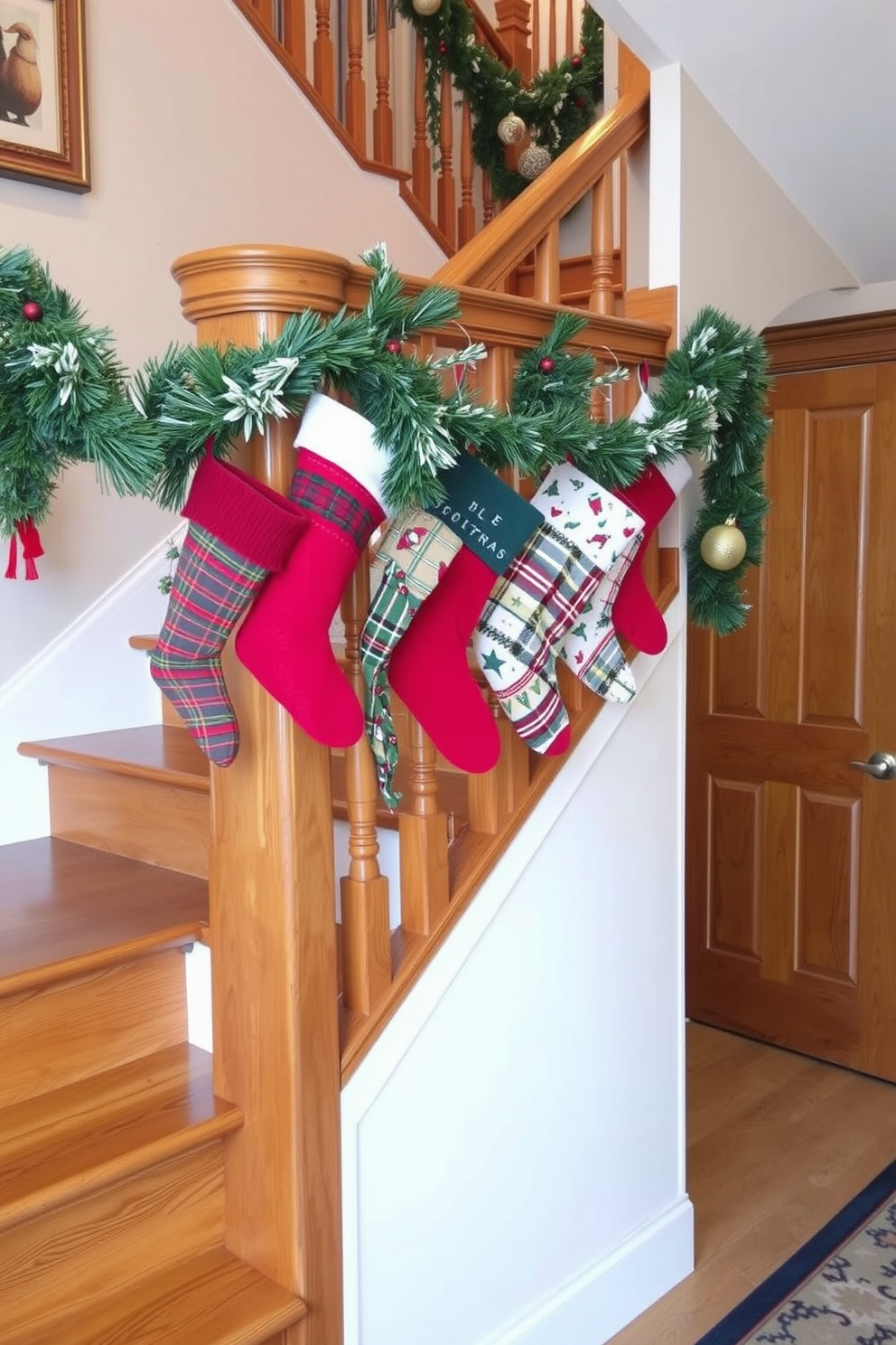 A cozy winter staircase adorned with colorful stockings hung along the railing. The staircase features a rich wooden finish, and the stockings are in various patterns and colors, creating a festive atmosphere.