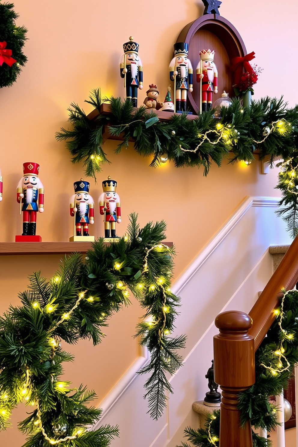 Charming nutcracker figurines are artfully arranged on a wooden shelf, showcasing vibrant colors and intricate details. The backdrop features a soft, warm-toned wall that enhances the festive atmosphere. The staircase is adorned with lush greenery and twinkling fairy lights, creating a cozy winter ambiance. Each step is lined with elegant garlands, adding a touch of whimsy and holiday cheer.