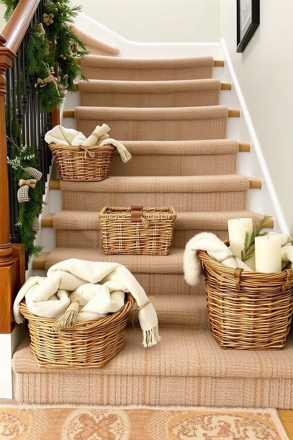 A cozy winter staircase adorned with layered textures. Woven baskets are placed on each step, filled with warm blankets and seasonal decor.