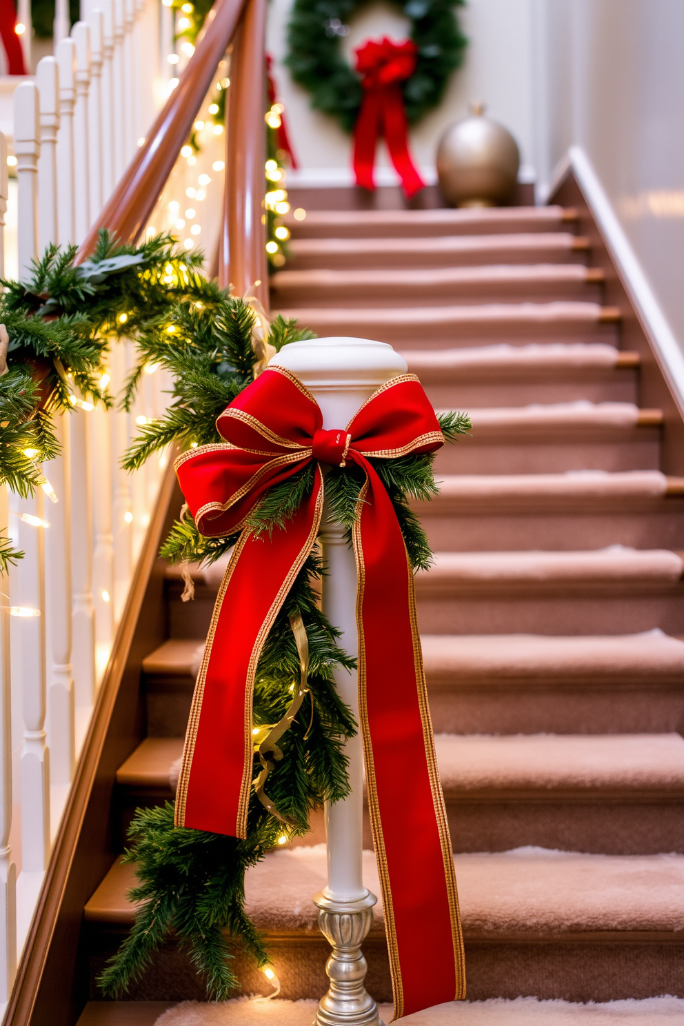 A cozy winter staircase adorned with knitted stockings hung along the banister. The rich wooden banister contrasts beautifully with the soft textures of the stockings, creating a warm and inviting atmosphere.