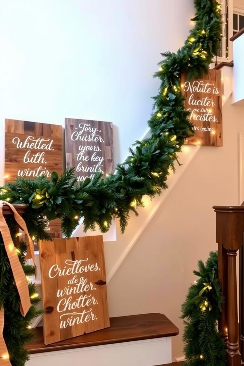 Wooden signs featuring inspirational winter quotes are artistically arranged along a cozy staircase. The signs are crafted from reclaimed wood, each with a unique texture, and are adorned with elegant white lettering. The staircase itself is decorated with lush greenery and twinkling fairy lights that enhance the winter ambiance. Soft, warm-toned garlands drape along the banister, creating a welcoming and festive atmosphere.