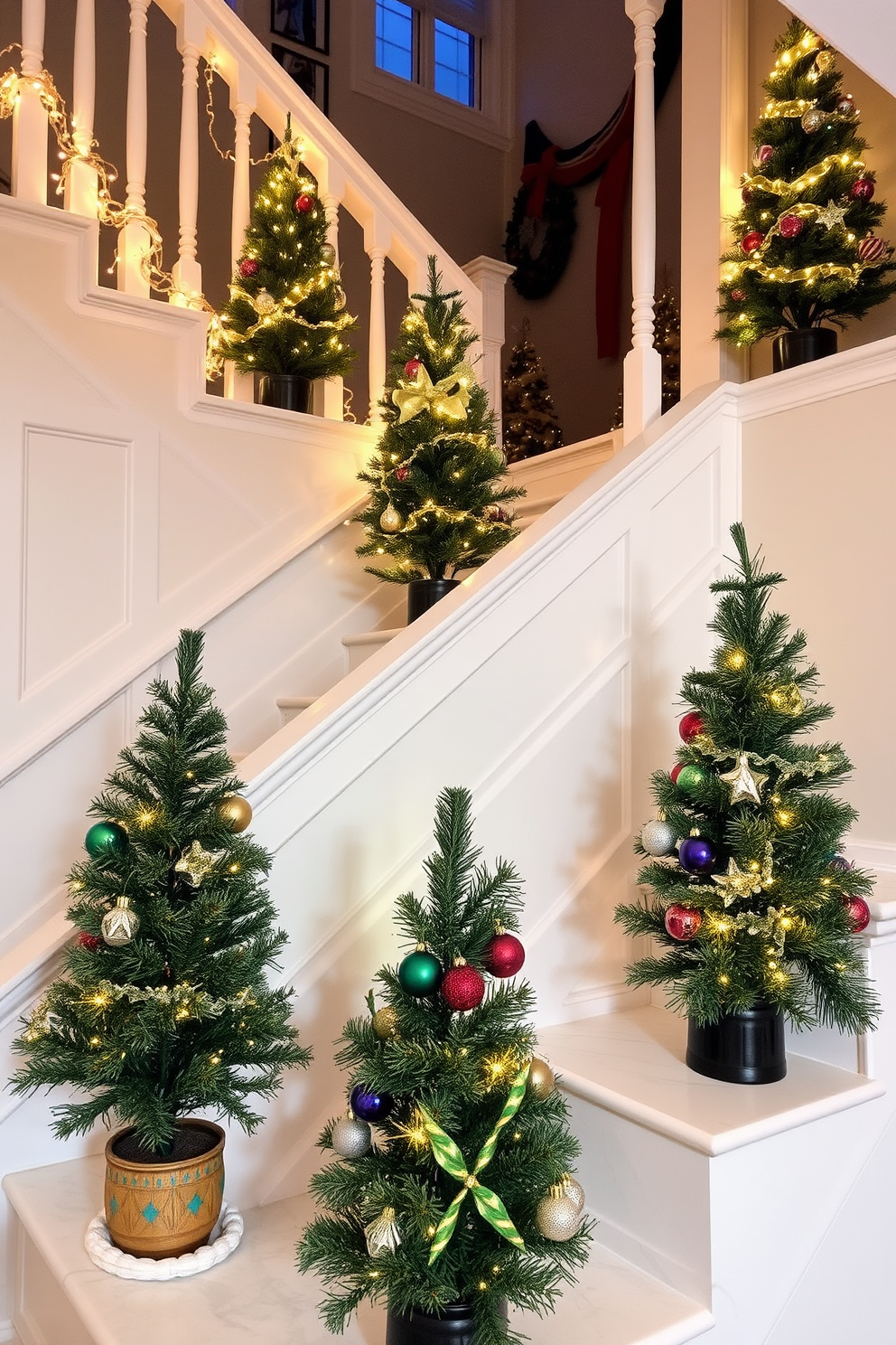 A cozy winter staircase adorned with miniature Christmas trees on each landing. The trees are decorated with twinkling fairy lights and colorful ornaments, creating a festive atmosphere.