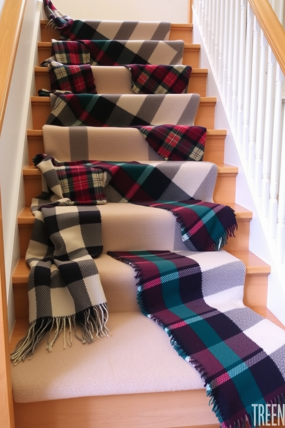 A cozy winter staircase adorned with warm plaid blankets draped over the steps. The staircase features rich wooden railings and soft ambient lighting that enhances the inviting atmosphere.