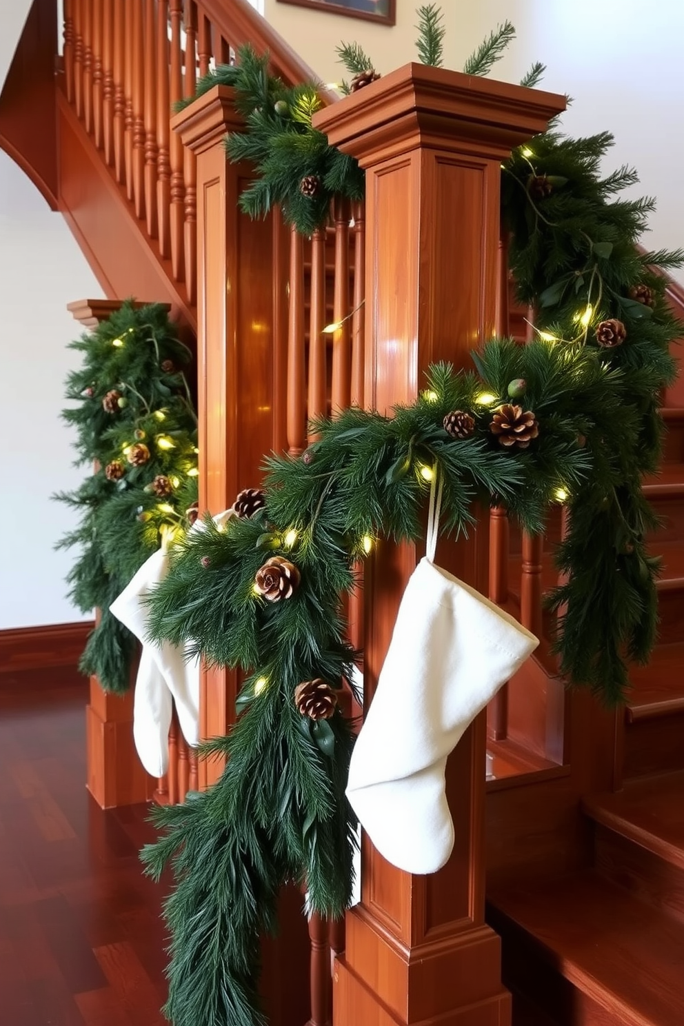 Seasonal garland drapes elegantly around the wooden posts of a grand staircase. The garland is adorned with pinecones, berries, and twinkling fairy lights, creating a warm and inviting atmosphere. The staircase itself features rich hardwood steps and a polished banister that complements the festive decor. Soft white stockings hang from the posts, adding a touch of holiday charm to the winter setting.