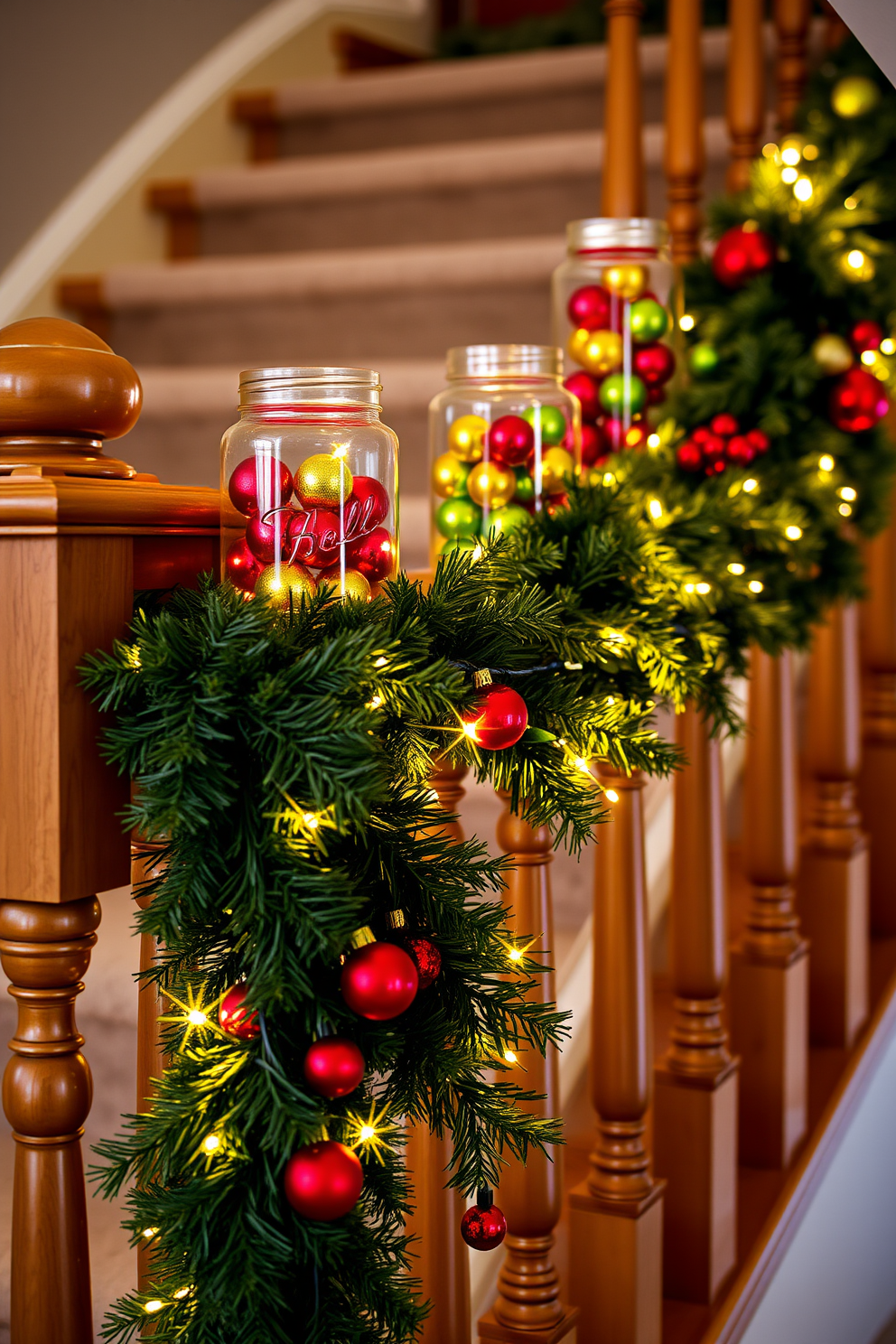 Brightly colored ornaments in glass jars are artfully arranged along the handrail of a beautifully crafted wooden staircase. The jars, filled with vibrant hues of red, green, and gold, catch the light and create a festive atmosphere that enhances the winter decor. Winter staircase decorating ideas include draping lush garlands of evergreen along the banister. Twinkling fairy lights are interspersed throughout the garland, adding warmth and charm to the crisp winter setting.