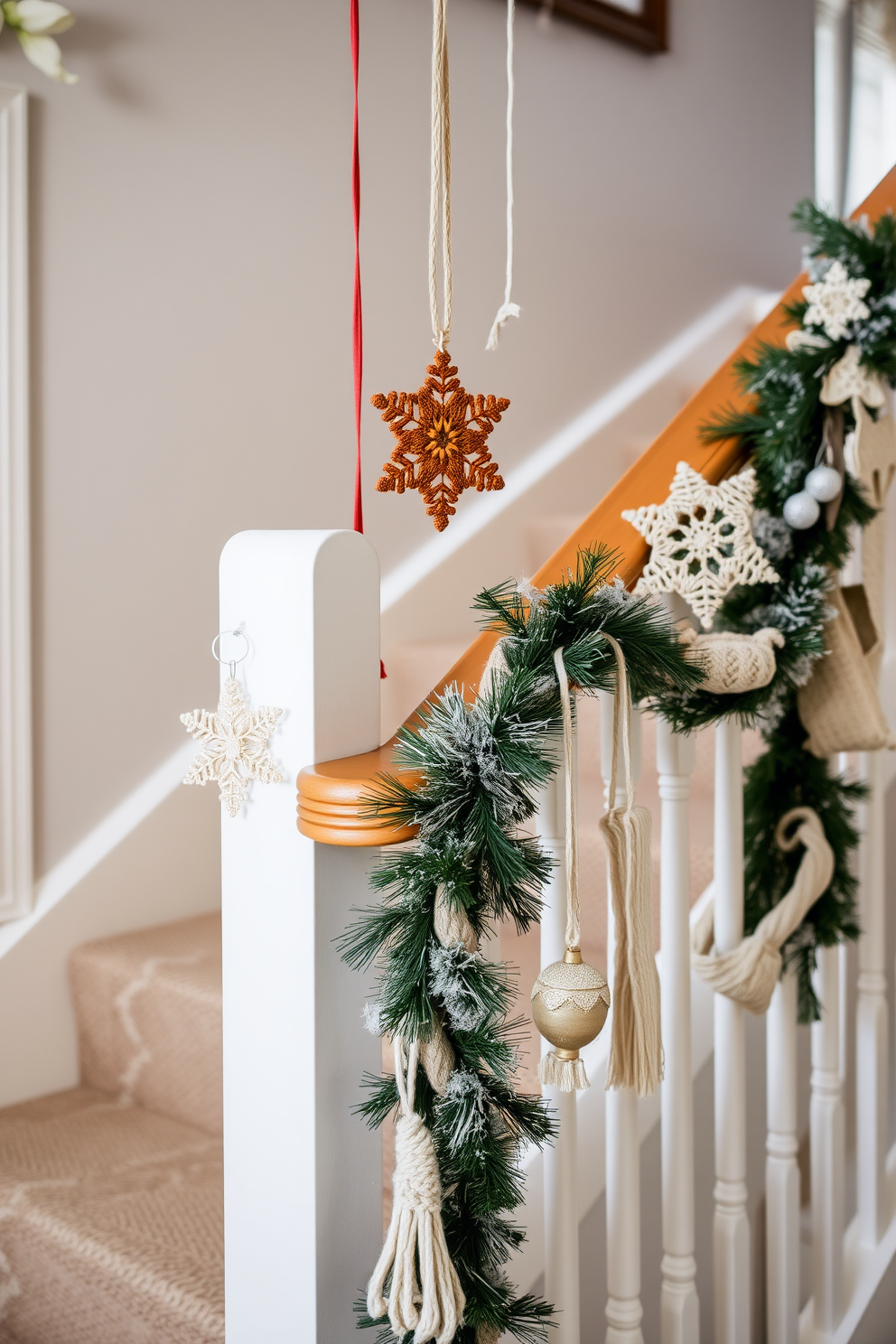 A cozy living room features layered area rugs in varying textures and colors, creating a warm and inviting atmosphere. The top rug is a soft cream shag, layered over a larger geometric pattern rug in muted earth tones. The winter staircase is adorned with garlands of evergreen and twinkling fairy lights, bringing a festive charm to the space. Plush, seasonal decorations in rich reds and deep greens are placed along the banister, enhancing the holiday spirit.