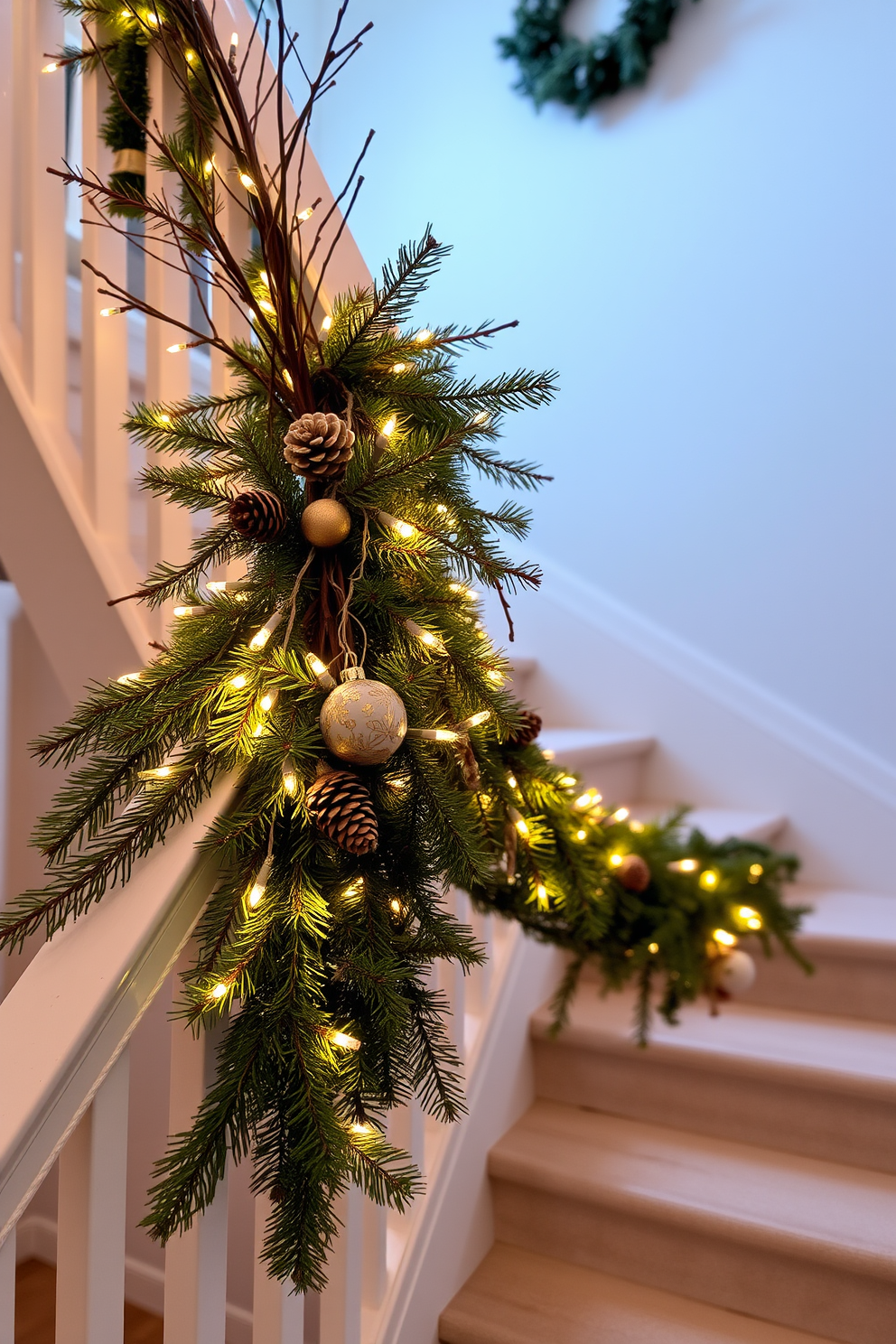 A cozy winter staircase adorned with natural elements. Branches and pine boughs are artfully arranged along the banister, creating a warm and inviting atmosphere. Twinkling fairy lights are intertwined with the greenery, casting a soft glow. A few pinecones and decorative ornaments are nestled among the branches for added charm.