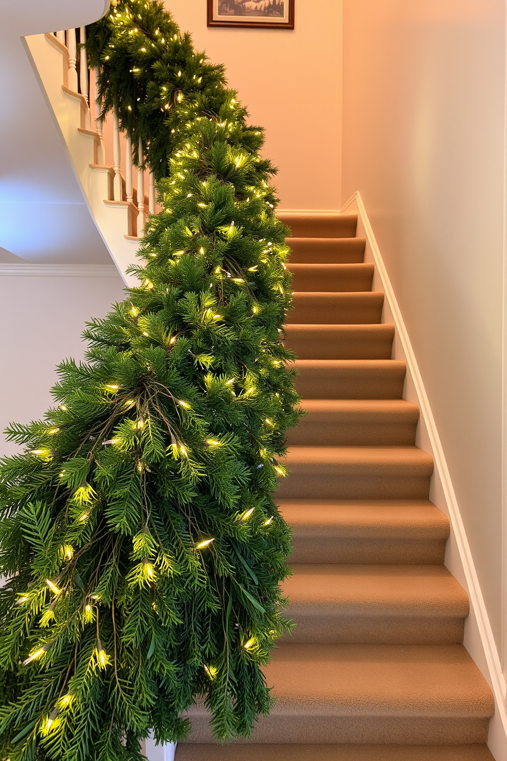 A grand staircase adorned with lush green garlands draped elegantly along the banister. Twinkling fairy lights are interwoven throughout the garlands, creating a warm and inviting glow that enhances the winter atmosphere.